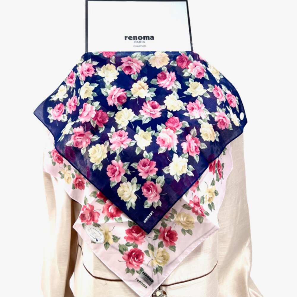 New in Box 2 RENOMA PARIS Mouchairw   Cotton Scarf Pocket Square 18"  Floral (33
